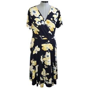Kissmay navy floral print faux wrap dress with pockets, size 20W